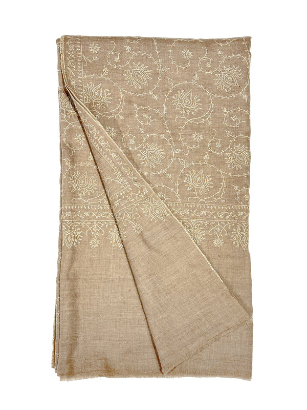 Pashmina with Silk Hand Embroidery - Beige