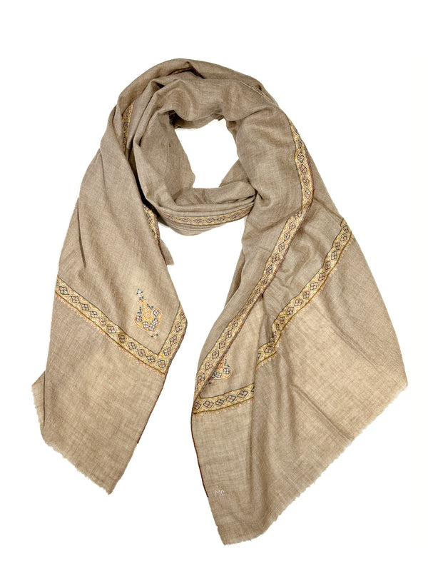 Pashmina with Silk Hand Embroidery - Beige