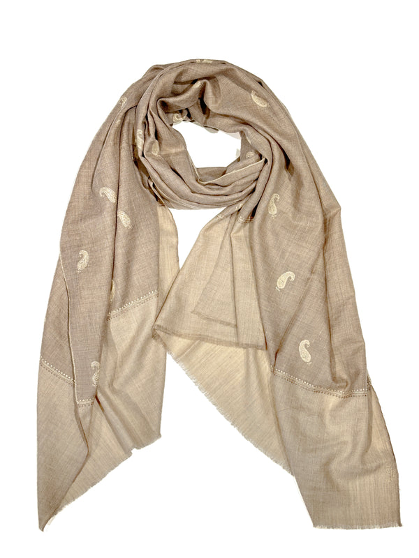 Pashmina with Silk Hand Embroidery - Dual Tone Beige