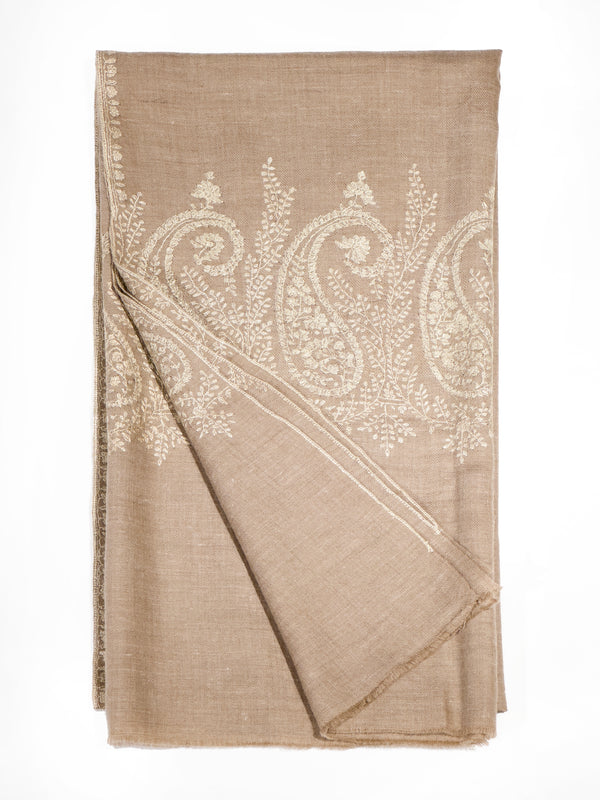Pashmina with Wool Hand Embroidery - Taupe