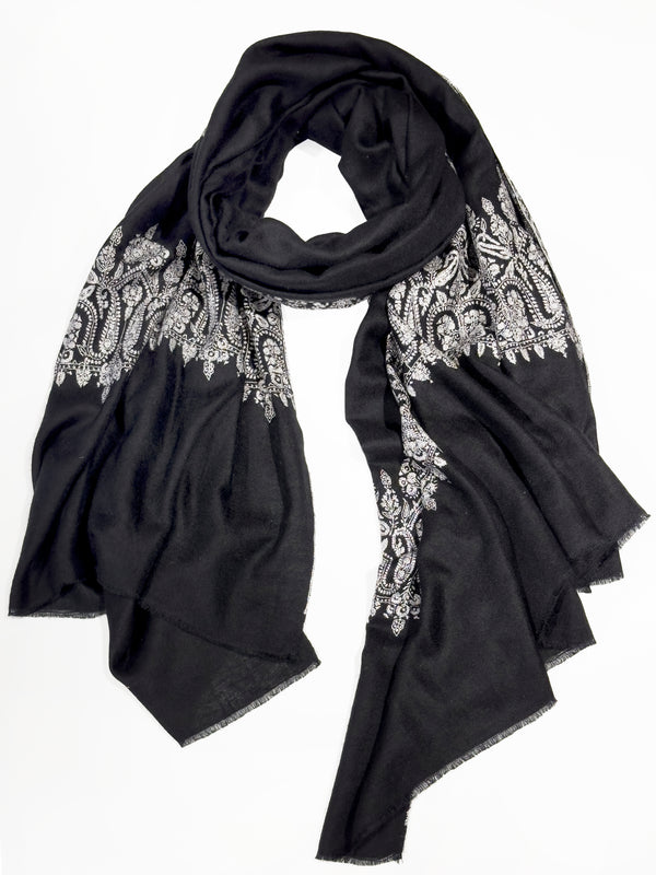 Pashmina with Wool Hand Embroidery - Black