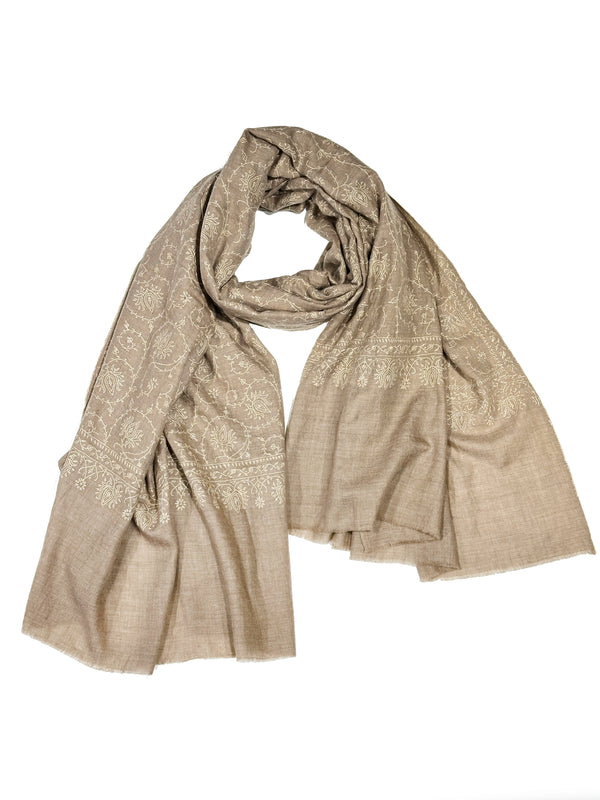 Pashmina with Silk Hand Embroidery - Beige