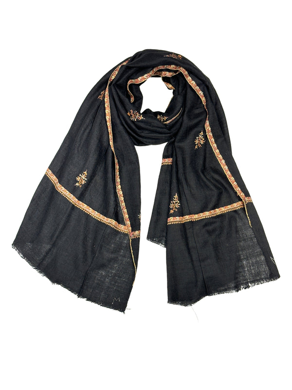 Pashmina with Silk Hand Embroidery - Black & Gold Embroidery