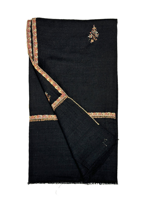 Pashmina with Silk Hand Embroidery - Black & Gold Embroidery