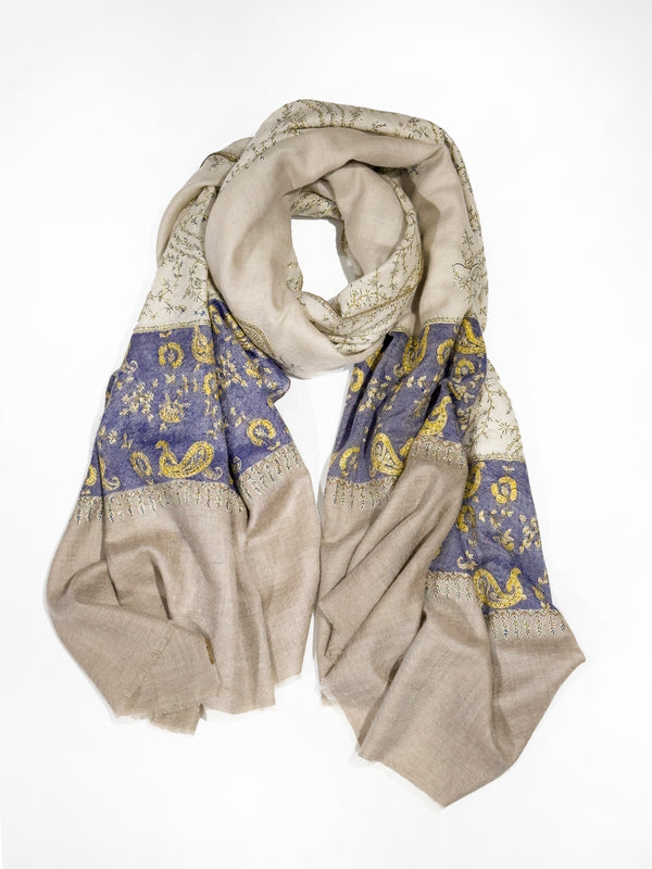 Pashmina with Silk Hand Embroidery - Cream, Beige, Blue