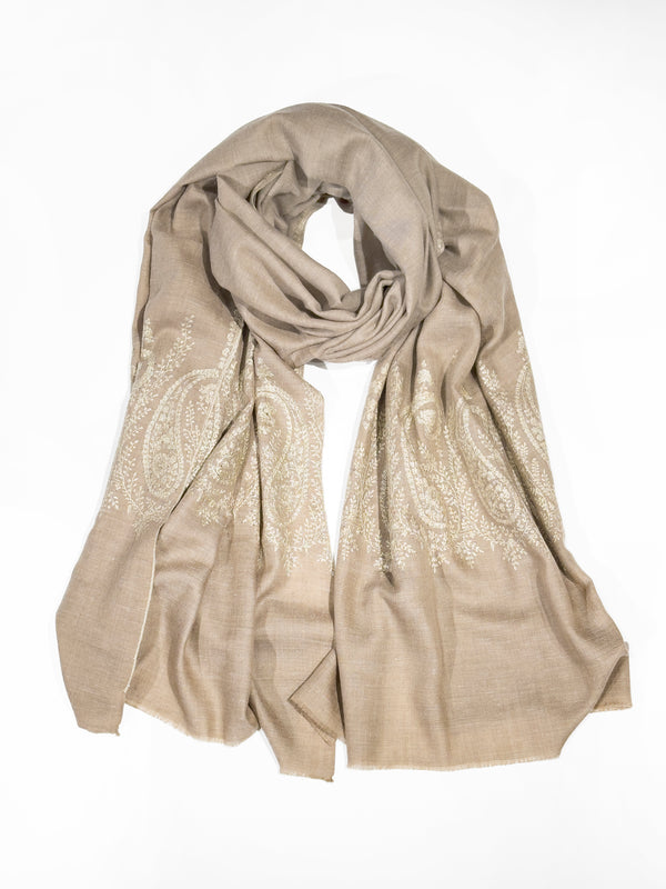 Pashmina with Wool Hand Embroidery - Taupe