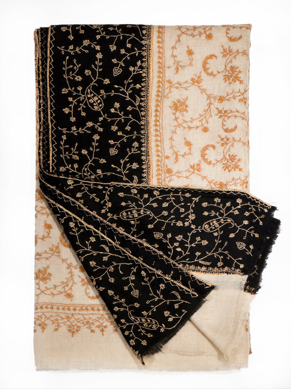 Pashmina with Silk Hand Embroidery - Black & Cream