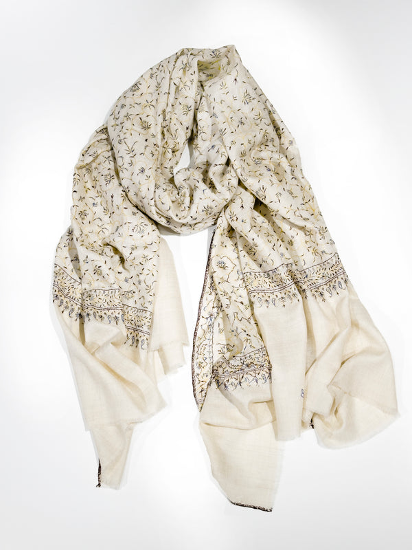 Pashmina with Silk Hand Embroidery - Cream