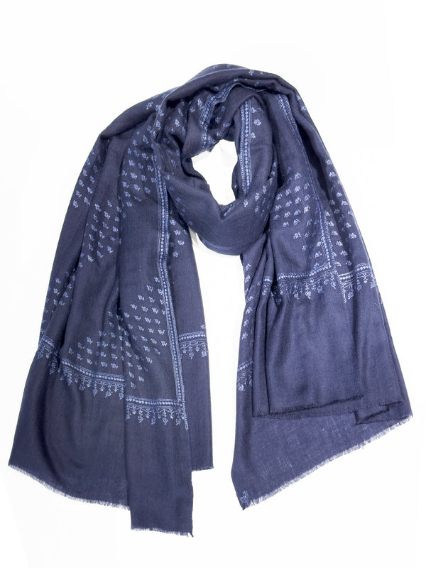 Pashmina with Wool Hand Embroidery - Navy